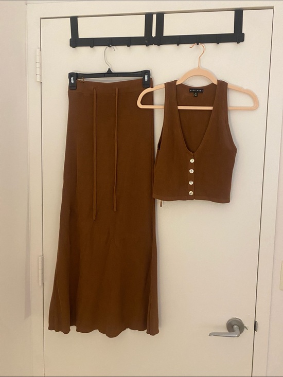 Miou Muse Dresses & Skirts - Women’s Maxi Skirt and Button-Front Crop Vest Set — Brown